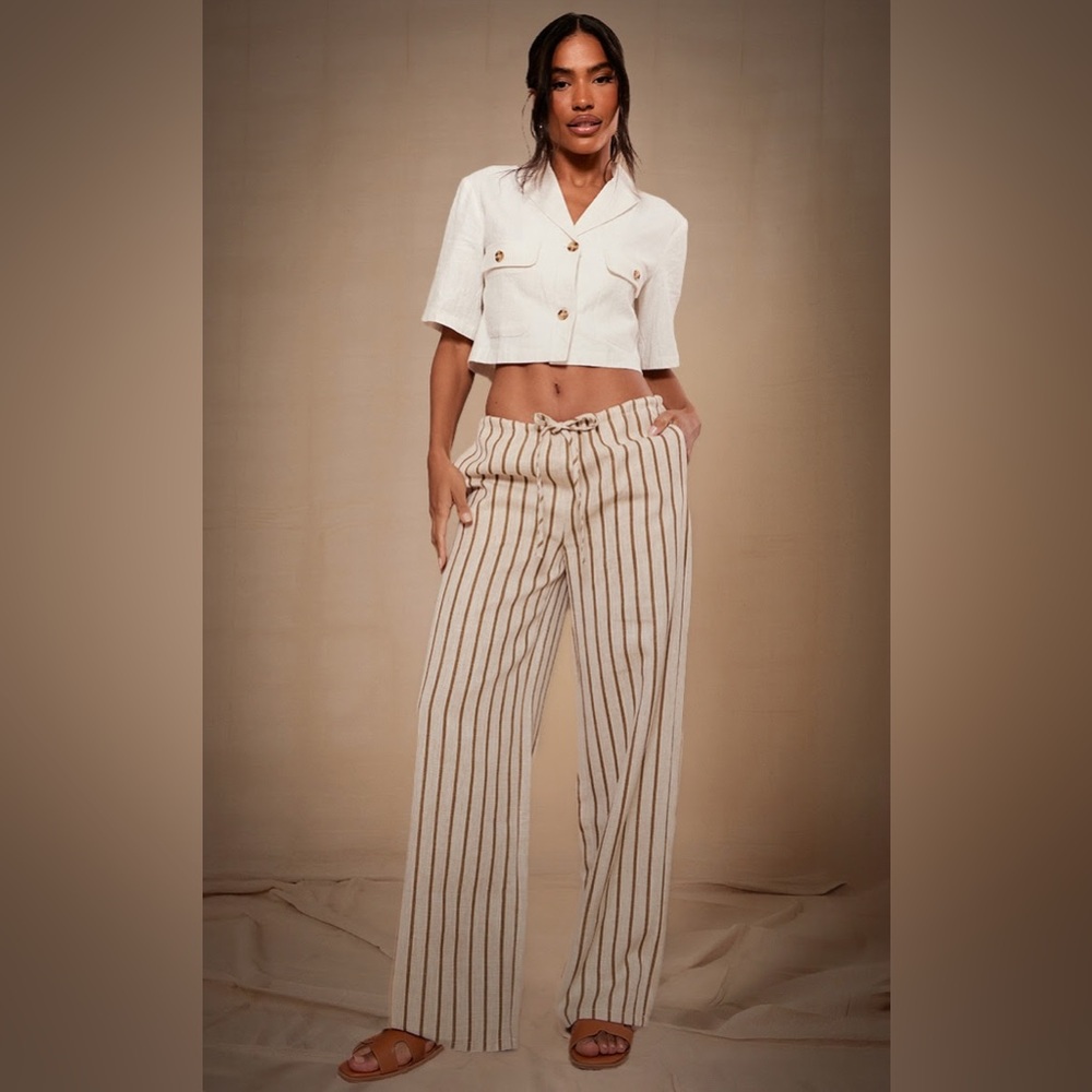 PrettyLittleThing Cream and Brown Striped Pants